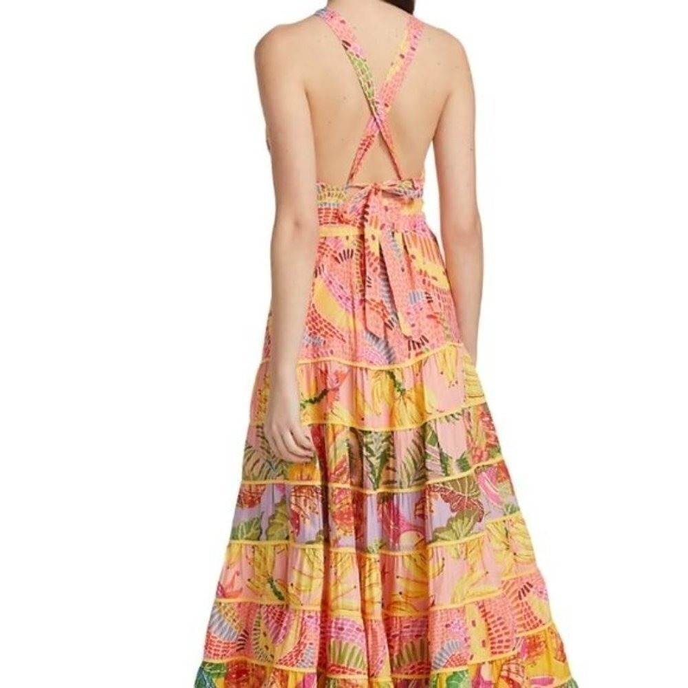 Farm Rio Mixed Pink Prints Maxi Dress Tropical Banana Tiered Halter Multi S - Picture 3 of 16
